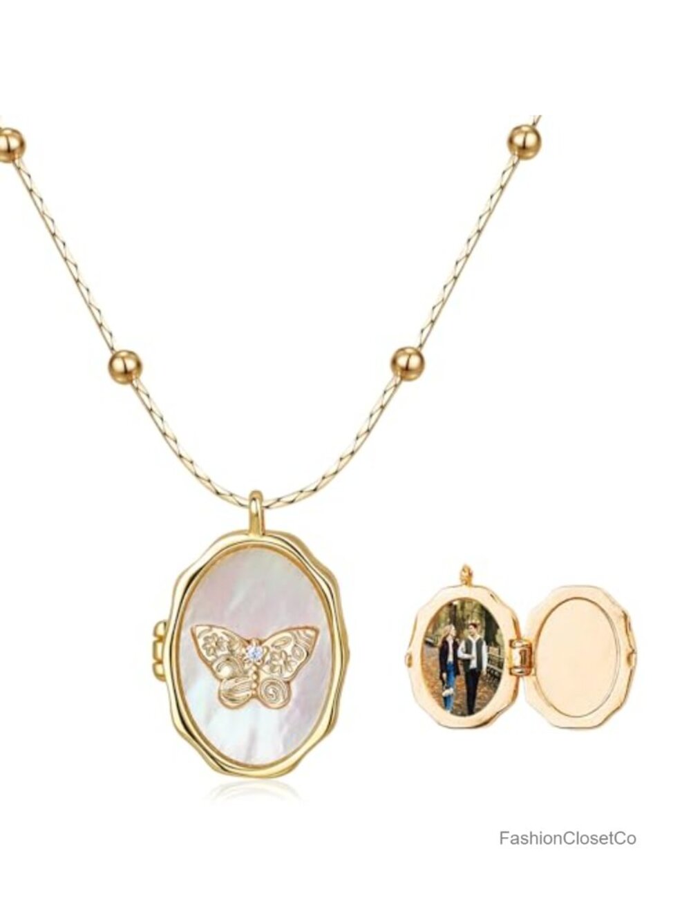 Gold Plated Locket Necklace, Vintage Photo Memorial Jewelry, Butterfly Engraved